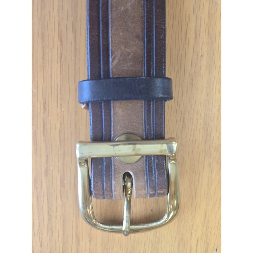 VTG Scovill Belt Mens 36 2 Tone Brown Leather EUC Gorgeous Brass Buckle